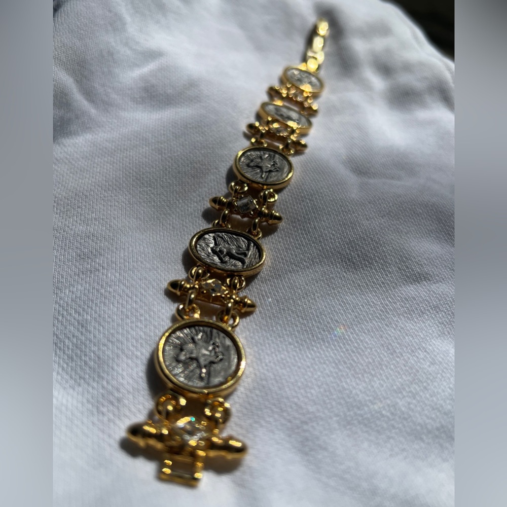 Pegasus pewter color coin and angel oval cabochon link bracelet.